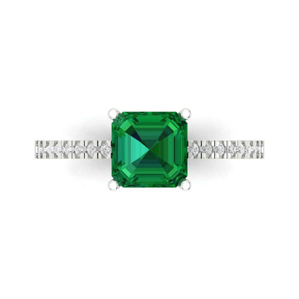 2.7 cttw Simulated Emerald Solitaire with Zirconia Simulated Diamond Accents Engagement Ring - Solid White Gold (VVS1, Asscher Cut,6.5mm)