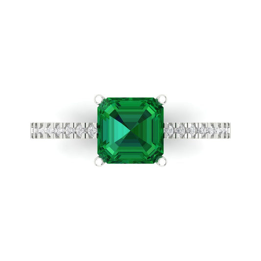 2.7 cttw Simulated Emerald Solitaire with Zirconia Simulated Diamond Accents Engagement Ring - Solid White Gold (VVS1, Asscher Cut,6.5mm)