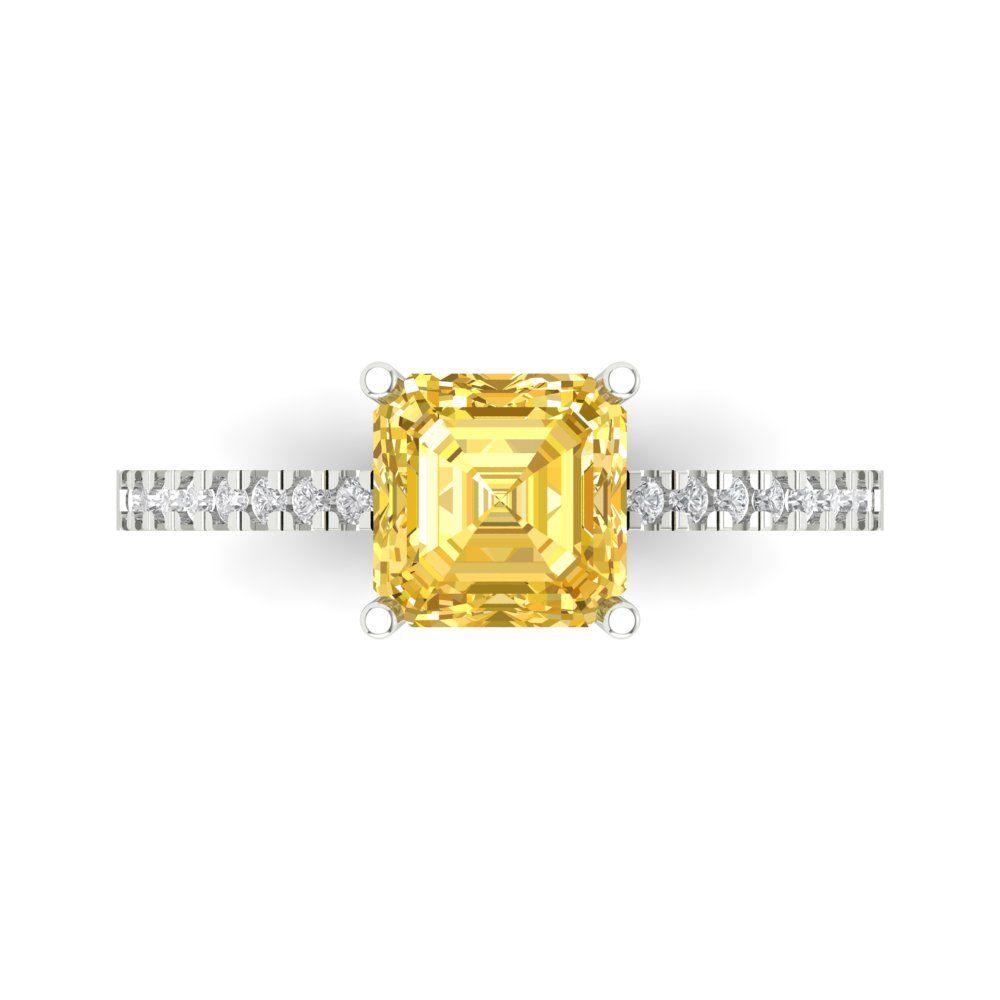 2.7 cttw Zirconia Simulated Yellow Diamond Solitaire with Zirconia Simulated Diamond Accents Engagement Ring - Solid White Gold (VVS1, Asscher Cut,6.5mm)