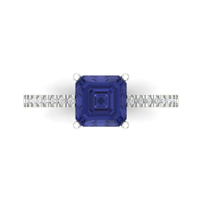 2.7 cttw Simulated Tanzanite Solitaire with Zirconia Simulated Diamond Accents Engagement Ring - Solid White Gold (VVS1, Asscher Cut,6.5mm)