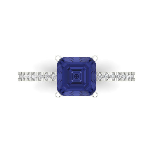 2.7 cttw Simulated Tanzanite Solitaire with Zirconia Simulated Diamond Accents Engagement Ring - Solid White Gold (VVS1, Asscher Cut,6.5mm)