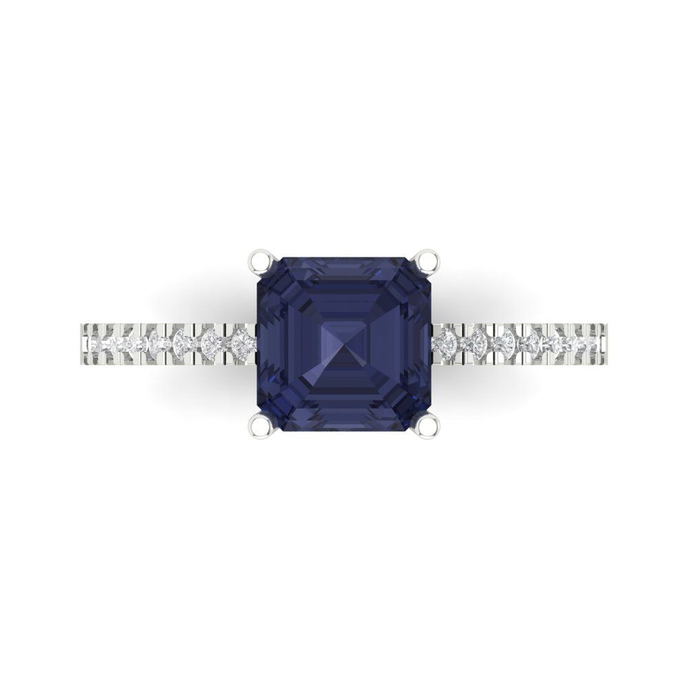 2.7 cttw Simulated Blue Sapphire Solitaire with Zirconia Simulated Diamond Accents Engagement Ring - Solid White Gold (VVS1, Asscher Cut,6.5mm)