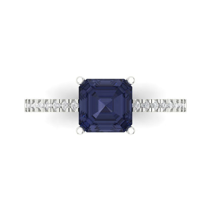 2.7 cttw Simulated Blue Sapphire Solitaire with Zirconia Simulated Diamond Accents Engagement Ring - Solid White Gold (VVS1, Asscher Cut,6.5mm)