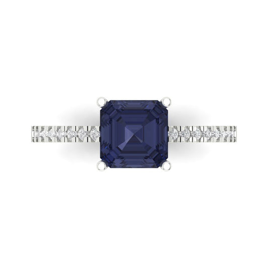 2.7 cttw Simulated Blue Sapphire Solitaire with Zirconia Simulated Diamond Accents Engagement Ring - Solid White Gold (VVS1, Asscher Cut,6.5mm)