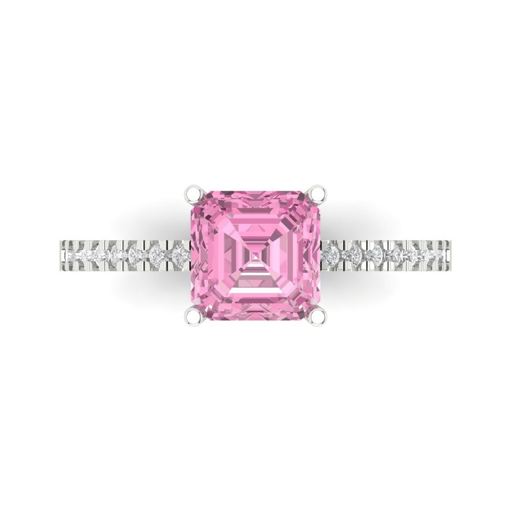 2.7 cttw Zirconia Simulated Pink Diamond Solitaire with Zirconia Simulated Diamond Accents Engagement Ring - Solid White Gold (VVS1, Asscher Cut,6.5mm)