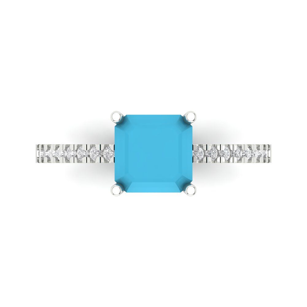 2.7 cttw Simulated Turquoise Solitaire with Zirconia Simulated Diamond Accents Engagement Ring - Solid White Gold (VVS1, Asscher Cut,6.5mm)