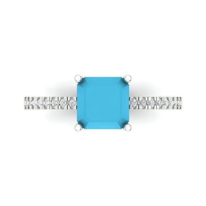 2.7 cttw Simulated Turquoise Solitaire with Zirconia Simulated Diamond Accents Engagement Ring - Solid White Gold (VVS1, Asscher Cut,6.5mm)