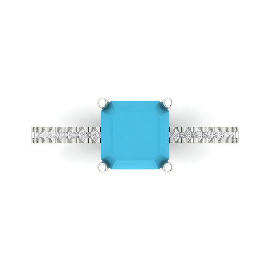 2.7 cttw Simulated Turquoise Solitaire with Zirconia Simulated Diamond Accents Engagement Ring - Solid White Gold (VVS1, Asscher Cut,6.5mm)