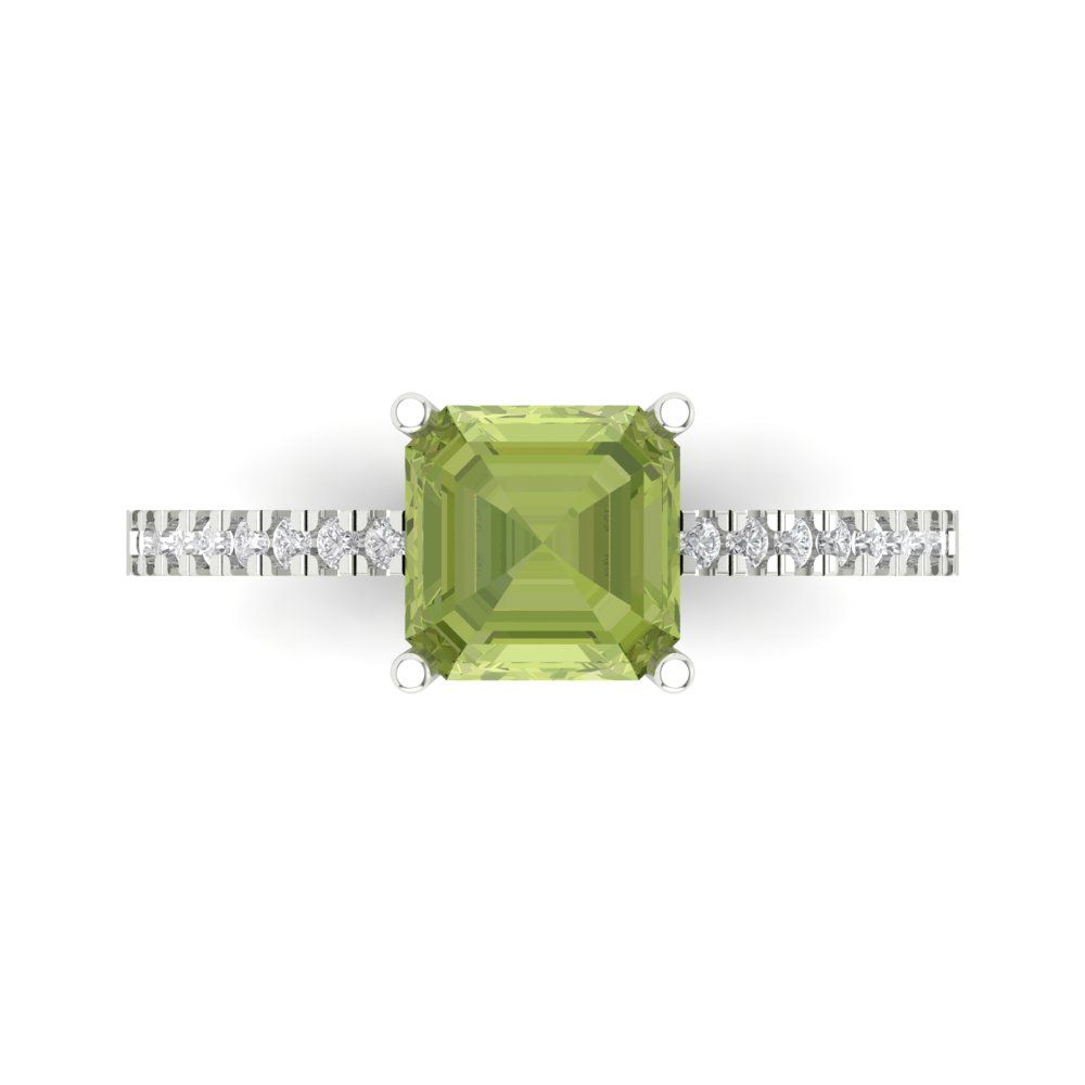 2.7 cttw Natural Peridot Solitaire with Zirconia Simulated Diamond Accents Engagement Ring - Solid White Gold (VVS1, Asscher Cut,6.5mm)