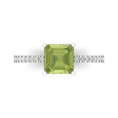2.7 cttw Natural Peridot Solitaire with Zirconia Simulated Diamond Accents Engagement Ring - Solid White Gold (VVS1, Asscher Cut,6.5mm)