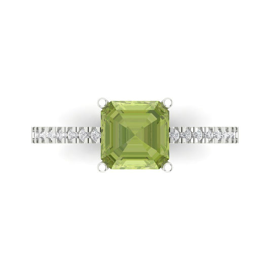 2.7 cttw Natural Peridot Solitaire with Zirconia Simulated Diamond Accents Engagement Ring - Solid White Gold (VVS1, Asscher Cut,6.5mm)