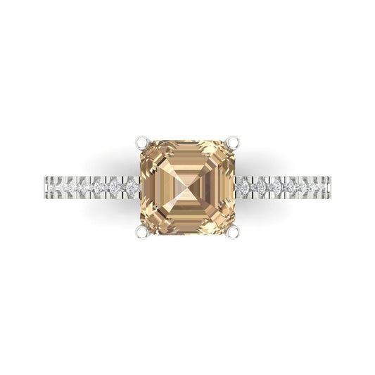 2.7 cttw Yellow Moissanite Solitaire with Zirconia Simulated Diamond Accents Engagement Ring - Solid White Gold (VVS1, Asscher Cut,6.5mm)