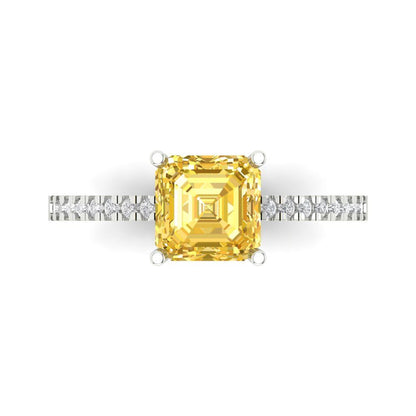 2.7 cttw Natural Citrine Solitaire with Zirconia Simulated Diamond Accents Engagement Ring - Solid White Gold (VVS1, Asscher Cut,6.5mm)