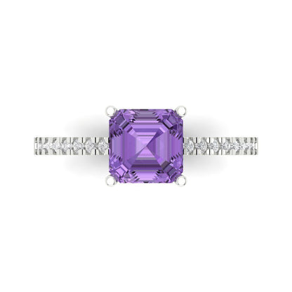 2.7 cttw Simulated Alexandrite Solitaire with Zirconia Simulated Diamond Accents Engagement Ring - Solid White Gold (VVS1, Asscher Cut,6.5mm)