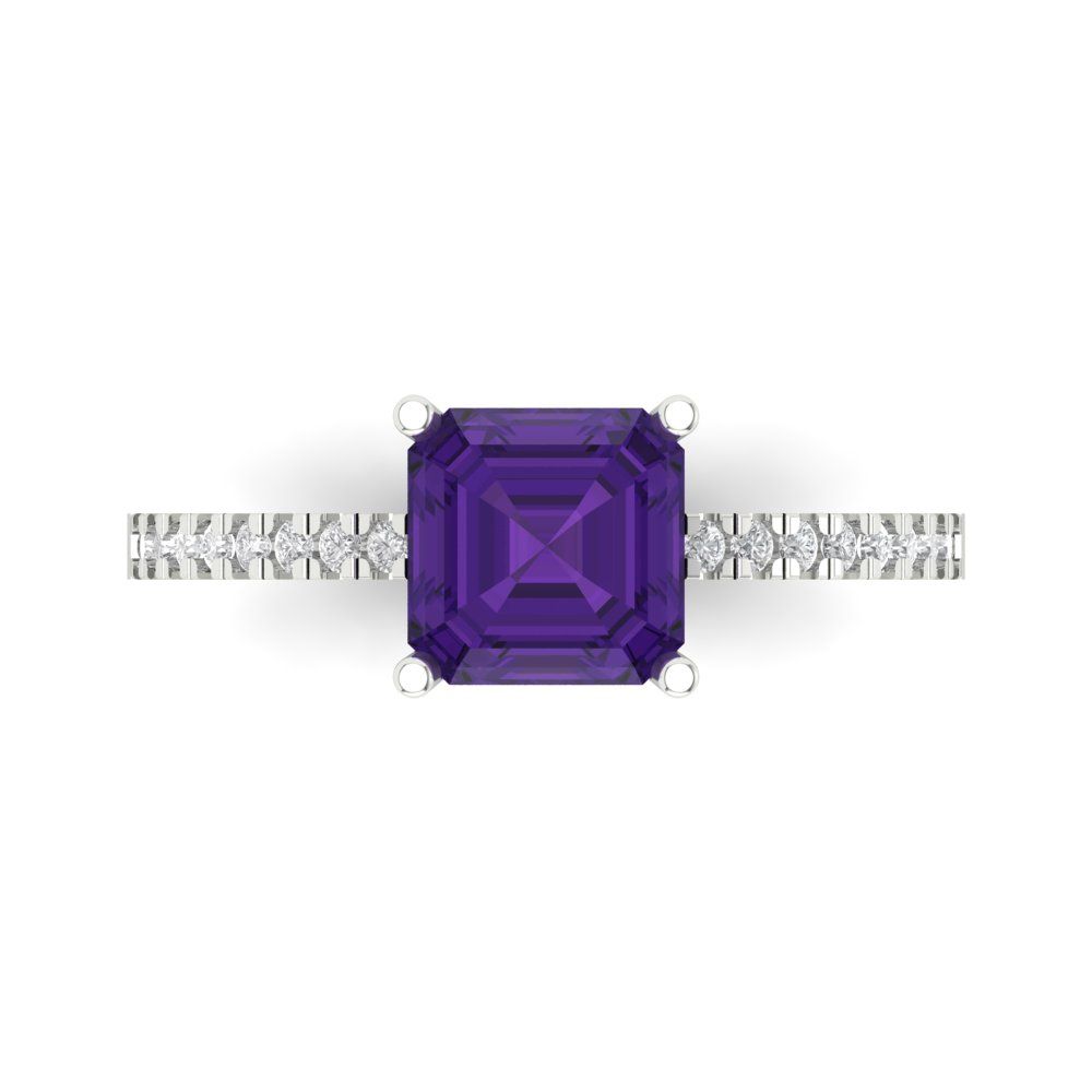 2.7 cttw Natural Amethyst Solitaire with Zirconia Simulated Diamond Accents Engagement Ring - Solid White Gold (VVS1, Asscher Cut,6.5mm)