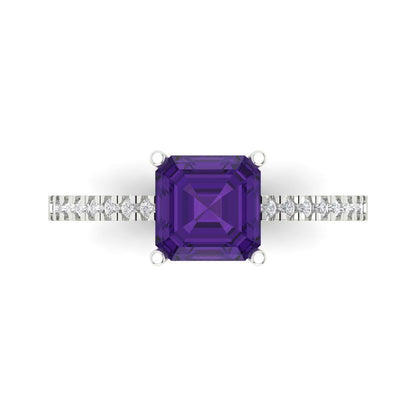 2.7 cttw Natural Amethyst Solitaire with Zirconia Simulated Diamond Accents Engagement Ring - Solid White Gold (VVS1, Asscher Cut,6.5mm)