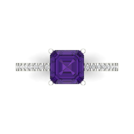 2.7 cttw Natural Amethyst Solitaire with Zirconia Simulated Diamond Accents Engagement Ring - Solid White Gold (VVS1, Asscher Cut,6.5mm)