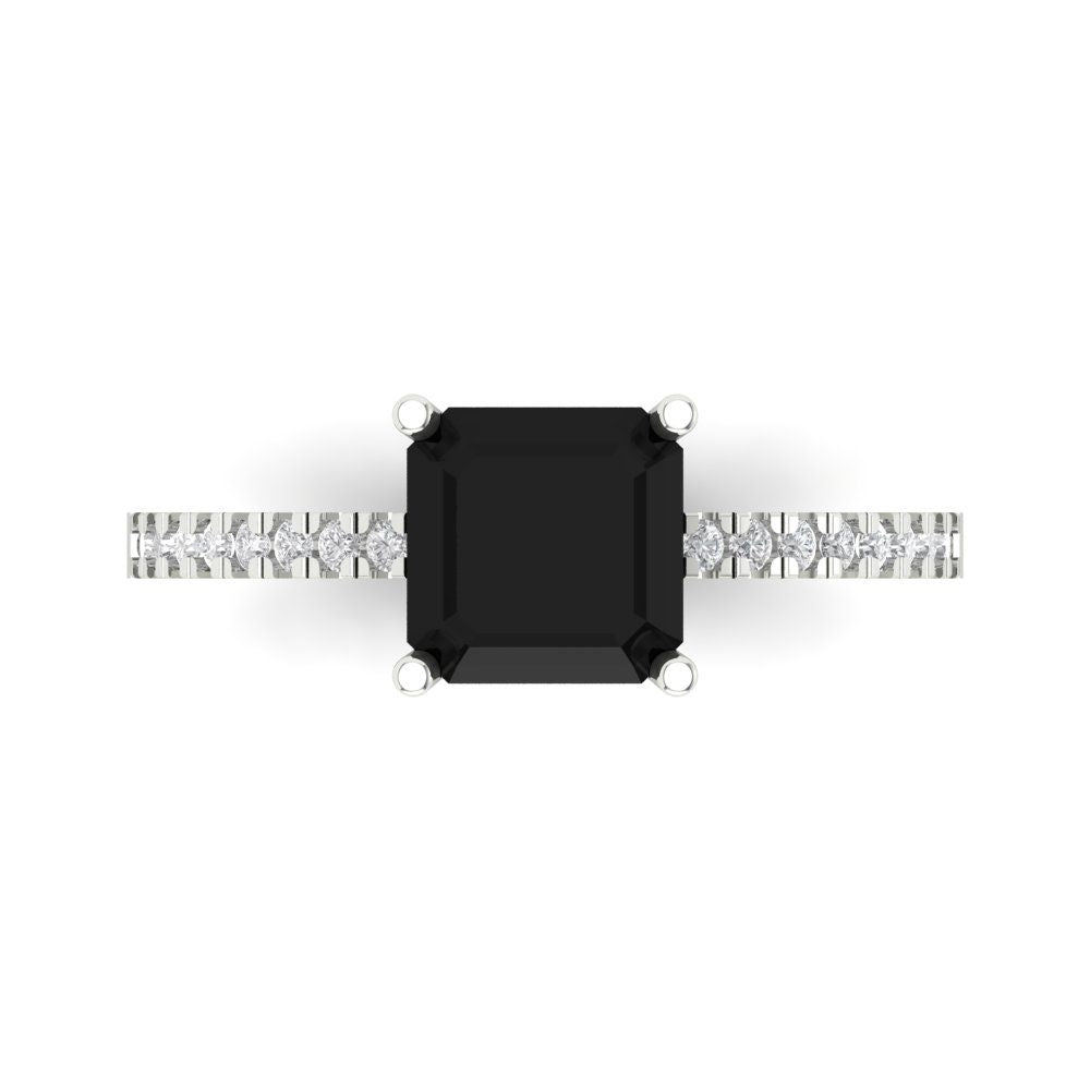 2.7 cttw Natural Onyx Solitaire with Zirconia Simulated Diamond Accents Engagement Ring - Solid White Gold (VVS1, Asscher Cut,6.5mm)