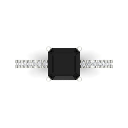 2.7 cttw Natural Onyx Solitaire with Zirconia Simulated Diamond Accents Engagement Ring - Solid White Gold (VVS1, Asscher Cut,6.5mm)