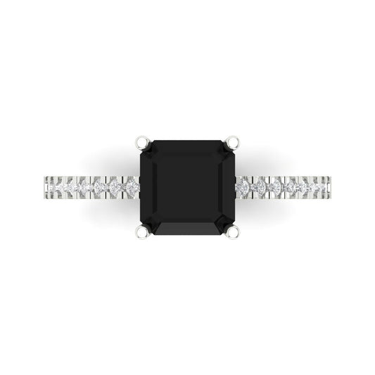 2.7 cttw Natural Onyx Solitaire with Zirconia Simulated Diamond Accents Engagement Ring - Solid White Gold (VVS1, Asscher Cut,6.5mm)