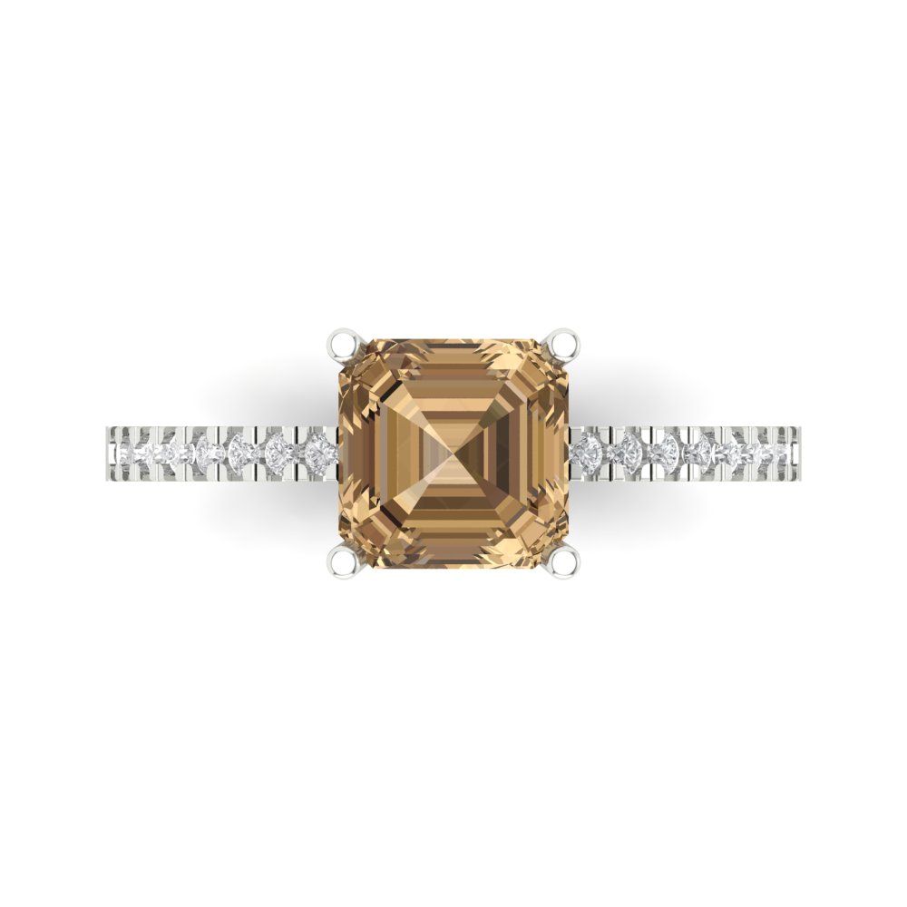 2.7 cttw Zirconia Simulated Champagne Diamond Solitaire with Zirconia Simulated Diamond Accents Engagement Ring - Solid White Gold (VVS1, Asscher Cut,6.5mm)