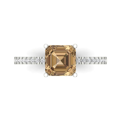 2.7 cttw Zirconia Simulated Champagne Diamond Solitaire with Zirconia Simulated Diamond Accents Engagement Ring - Solid White Gold (VVS1, Asscher Cut,6.5mm)