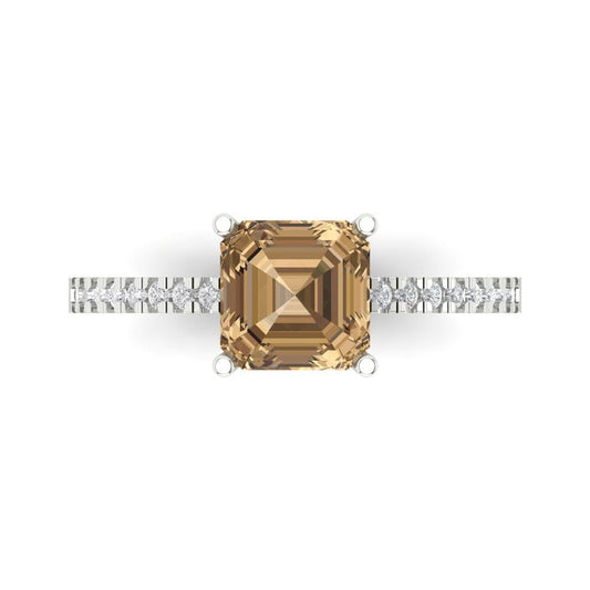 2.7 cttw Zirconia Simulated Champagne Diamond Solitaire with Zirconia Simulated Diamond Accents Engagement Ring - Solid White Gold (VVS1, Asscher Cut,6.5mm)
