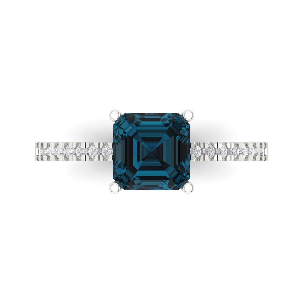 2.7 cttw Natural London Blue Topaz Solitaire with Zirconia Simulated Diamond Accents Engagement Ring - Solid White Gold (VVS1, Asscher Cut,6.5mm)