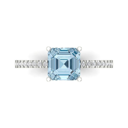 2.7 cttw Natural Sky Blue Topaz Solitaire with Zirconia Simulated Diamond Accents Engagement Ring - Solid White Gold (VVS1, Asscher Cut,6.5mm)