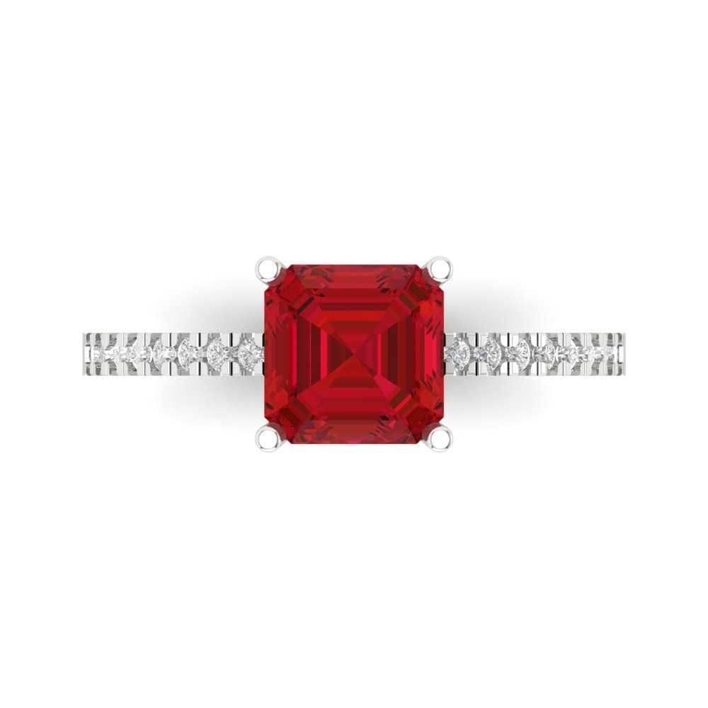 2.7 cttw Simulated Ruby Solitaire with Zirconia Simulated Diamond Accents Engagement Ring - Solid White Gold (VVS1, Asscher Cut,6.5mm)