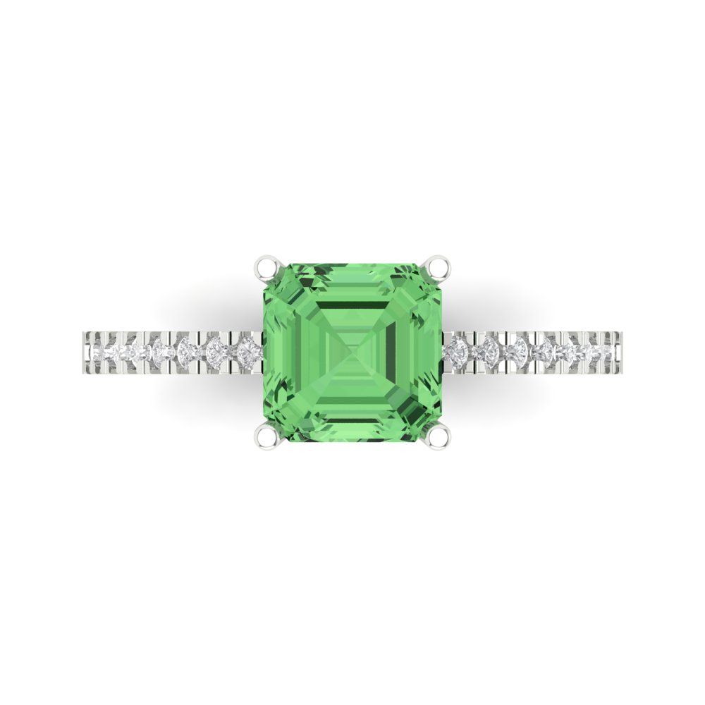 2.7 cttw Zirconia Simulated Green Diamond Solitaire with Zirconia Simulated Diamond Accents Engagement Ring - Solid White Gold (VVS1, Asscher Cut,6.5mm)