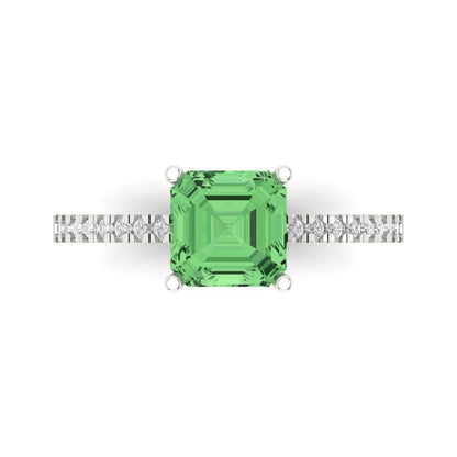 2.7 cttw Zirconia Simulated Green Diamond Solitaire with Zirconia Simulated Diamond Accents Engagement Ring - Solid White Gold (VVS1, Asscher Cut,6.5mm)