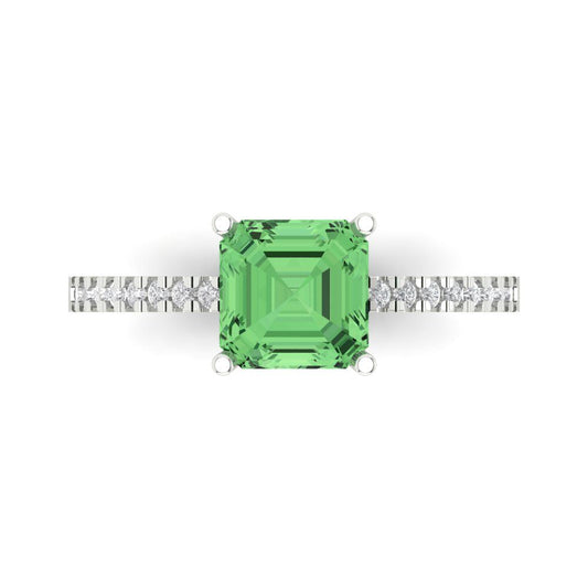 2.7 cttw Zirconia Simulated Green Diamond Solitaire with Zirconia Simulated Diamond Accents Engagement Ring - Solid White Gold (VVS1, Asscher Cut,6.5mm)