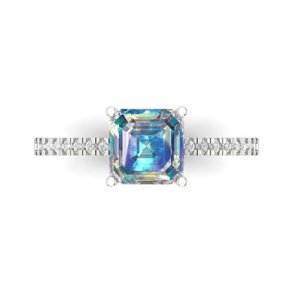2.7 cttw Blue Moissanite Solitaire with Zirconia Simulated Diamond Accents Engagement Ring - Solid White Gold (VVS1, Asscher Cut,6.5mm)