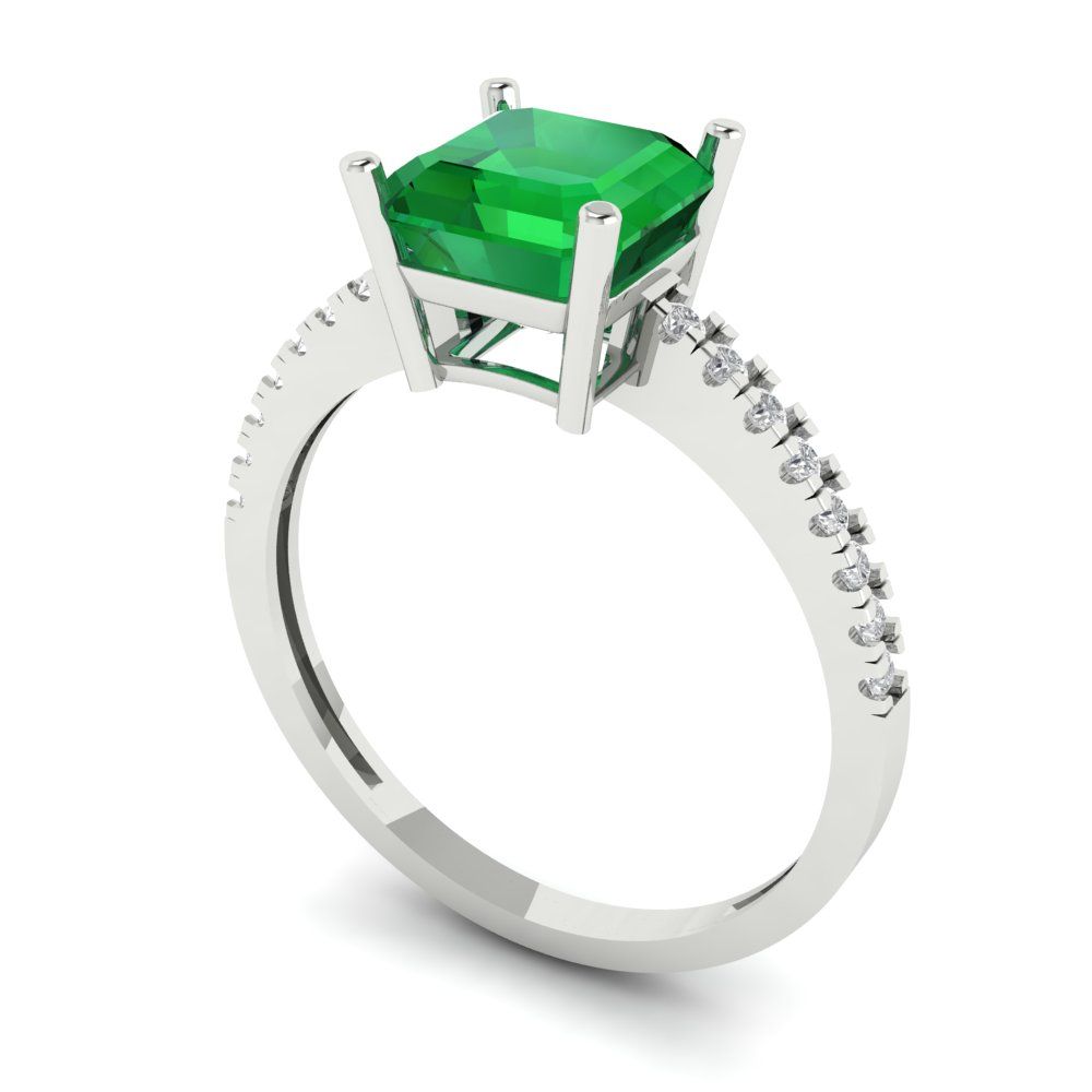 2.7 cttw Simulated Emerald Solitaire with Zirconia Simulated Diamond Accents Engagement Ring - Solid White Gold (VVS1, Asscher Cut,6.5mm)