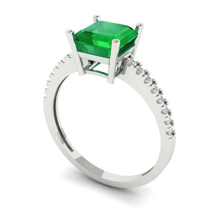 2.7 cttw Simulated Emerald Solitaire with Zirconia Simulated Diamond Accents Engagement Ring - Solid White Gold (VVS1, Asscher Cut,6.5mm)