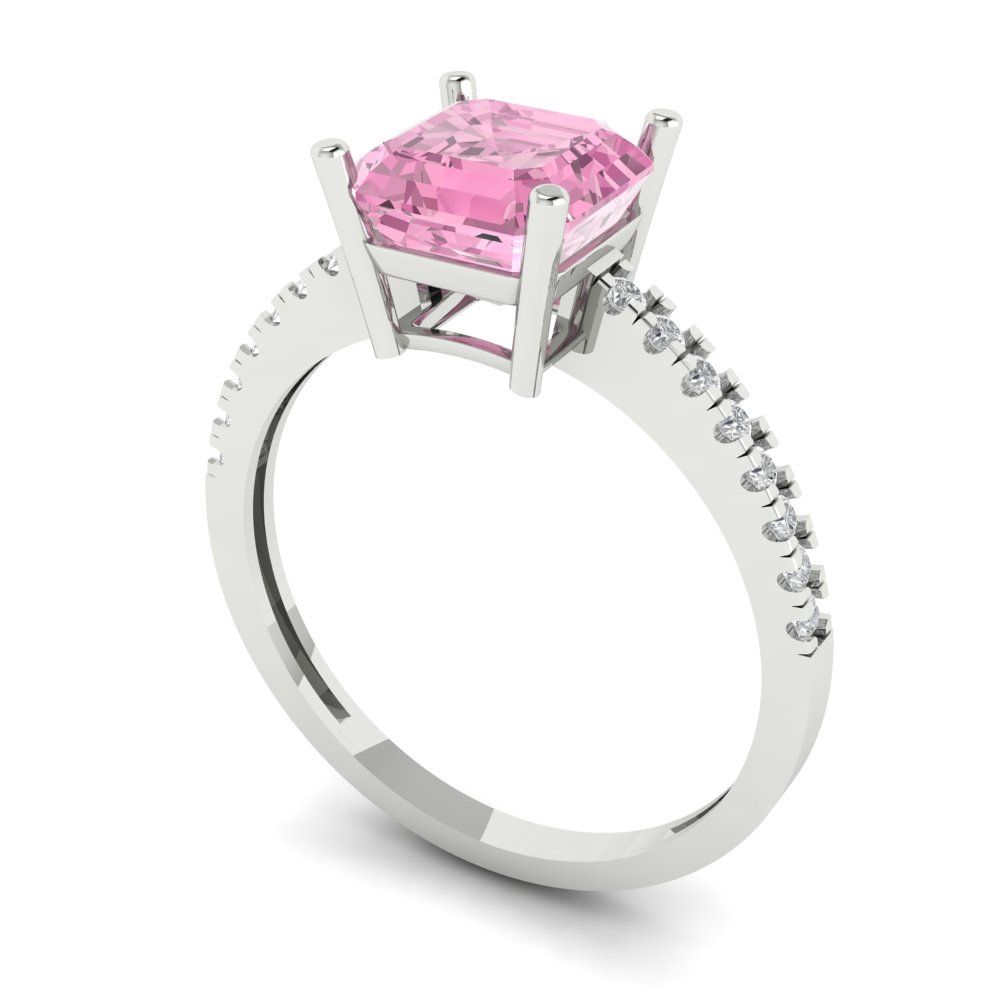 2.7 cttw Zirconia Simulated Pink Diamond Solitaire with Zirconia Simulated Diamond Accents Engagement Ring - Solid White Gold (VVS1, Asscher Cut,6.5mm)