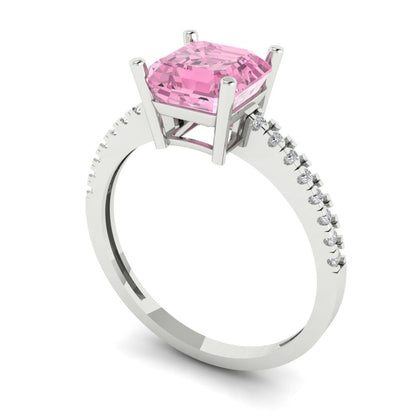 2.7 cttw Zirconia Simulated Pink Diamond Solitaire with Zirconia Simulated Diamond Accents Engagement Ring - Solid White Gold (VVS1, Asscher Cut,6.5mm)
