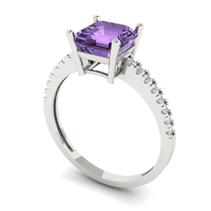 2.7 cttw Simulated Alexandrite Solitaire with Zirconia Simulated Diamond Accents Engagement Ring - Solid White Gold (VVS1, Asscher Cut,6.5mm)