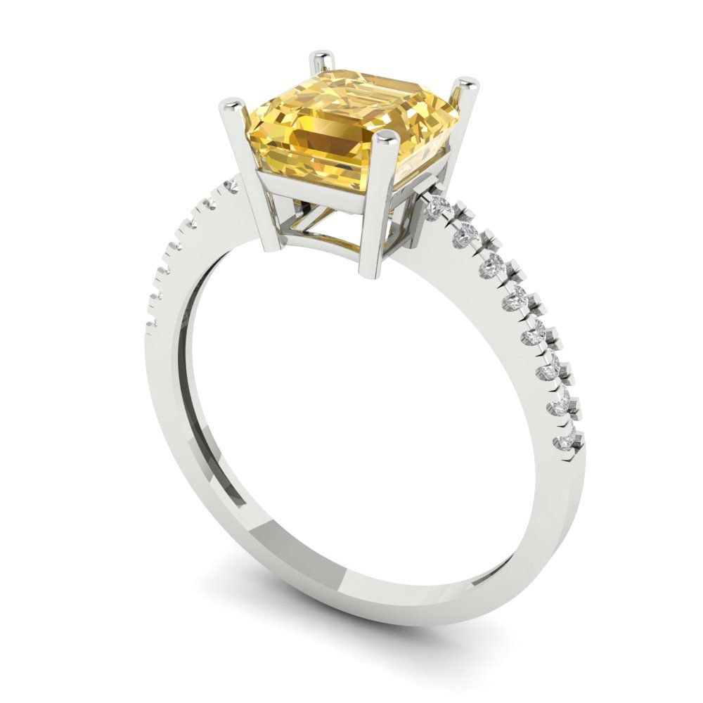 2.7 cttw Zirconia Simulated Yellow Diamond Solitaire with Zirconia Simulated Diamond Accents Engagement Ring - Solid White Gold (VVS1, Asscher Cut,6.5mm)