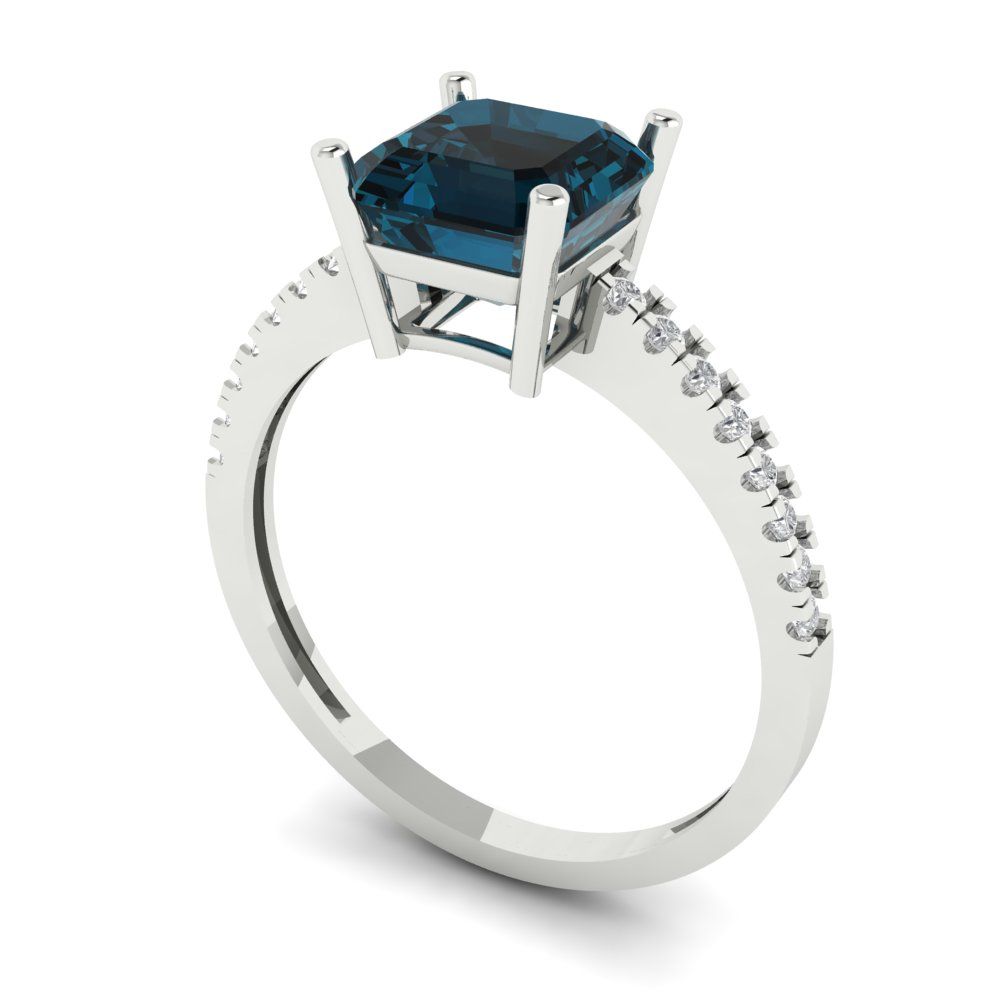 2.7 cttw Natural London Blue Topaz Solitaire with Zirconia Simulated Diamond Accents Engagement Ring - Solid White Gold (VVS1, Asscher Cut,6.5mm)
