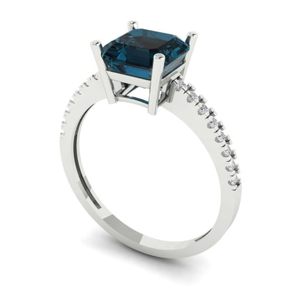 2.7 cttw Natural London Blue Topaz Solitaire with Zirconia Simulated Diamond Accents Engagement Ring - Solid White Gold (VVS1, Asscher Cut,6.5mm)