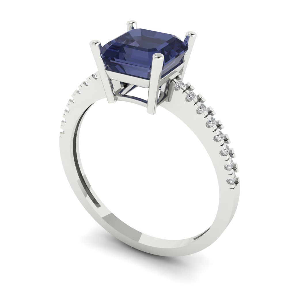 2.7 cttw Simulated Blue Sapphire Solitaire with Zirconia Simulated Diamond Accents Engagement Ring - Solid White Gold (VVS1, Asscher Cut,6.5mm)