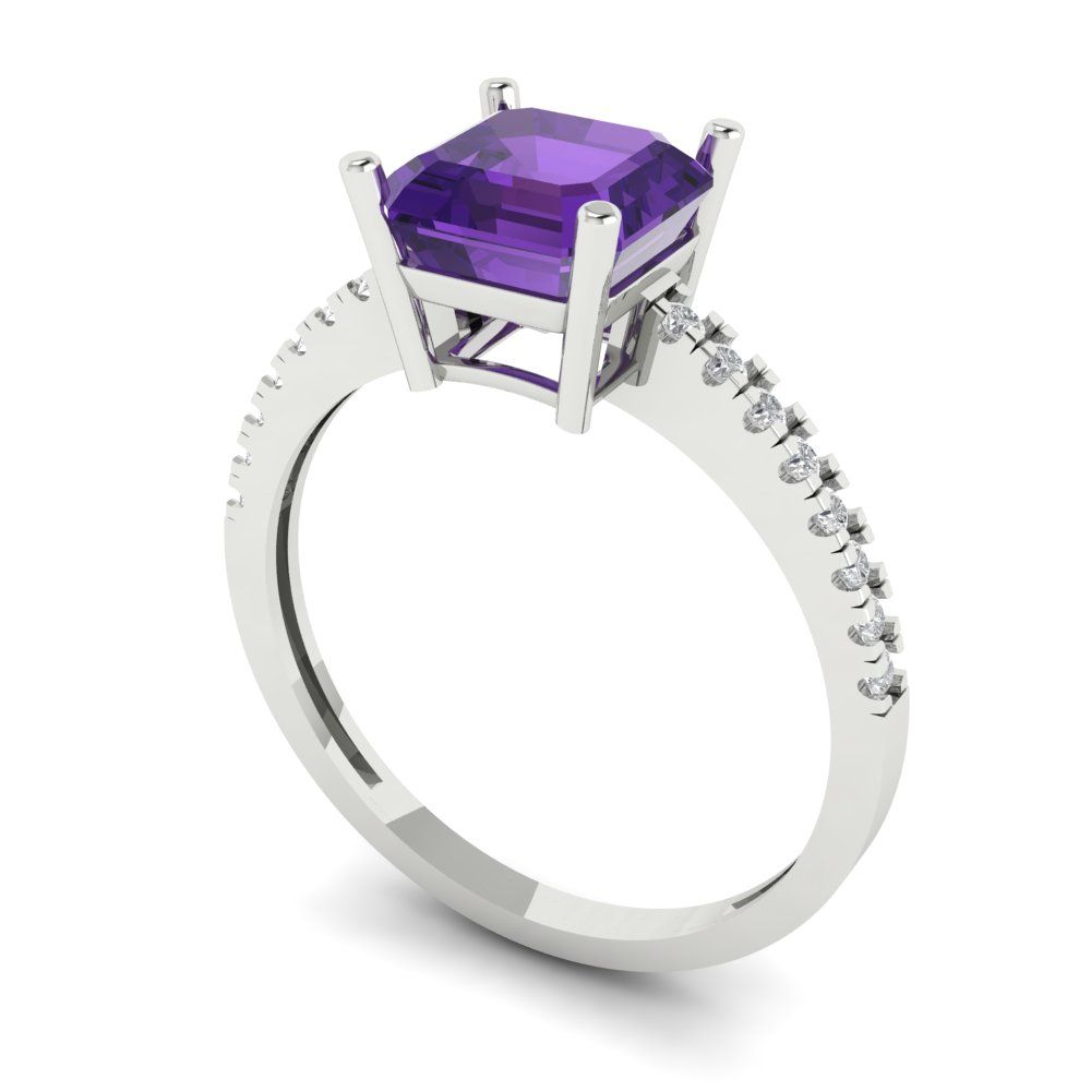 2.7 cttw Natural Amethyst Solitaire with Zirconia Simulated Diamond Accents Engagement Ring - Solid White Gold (VVS1, Asscher Cut,6.5mm)