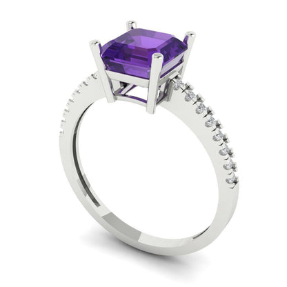 2.7 cttw Natural Amethyst Solitaire with Zirconia Simulated Diamond Accents Engagement Ring - Solid White Gold (VVS1, Asscher Cut,6.5mm)