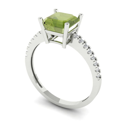 2.7 cttw Natural Peridot Solitaire with Zirconia Simulated Diamond Accents Engagement Ring - Solid White Gold (VVS1, Asscher Cut,6.5mm)