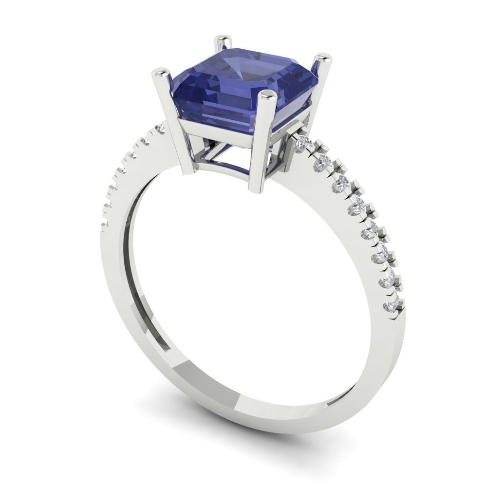 2.7 cttw Simulated Tanzanite Solitaire with Zirconia Simulated Diamond Accents Engagement Ring - Solid White Gold (VVS1, Asscher Cut,6.5mm)