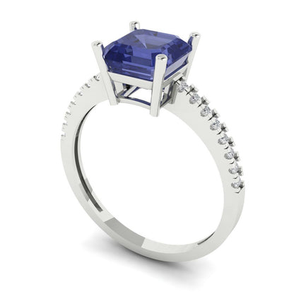 2.7 cttw Simulated Tanzanite Solitaire with Zirconia Simulated Diamond Accents Engagement Ring - Solid White Gold (VVS1, Asscher Cut,6.5mm)