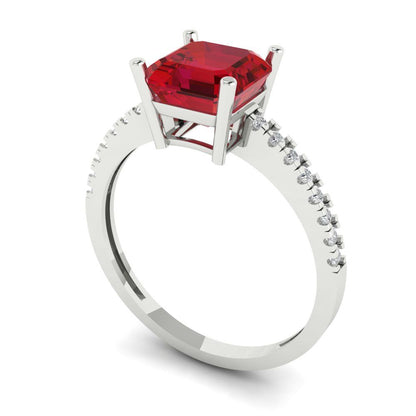 2.7 cttw Simulated Ruby Solitaire with Zirconia Simulated Diamond Accents Engagement Ring - Solid White Gold (VVS1, Asscher Cut,6.5mm)