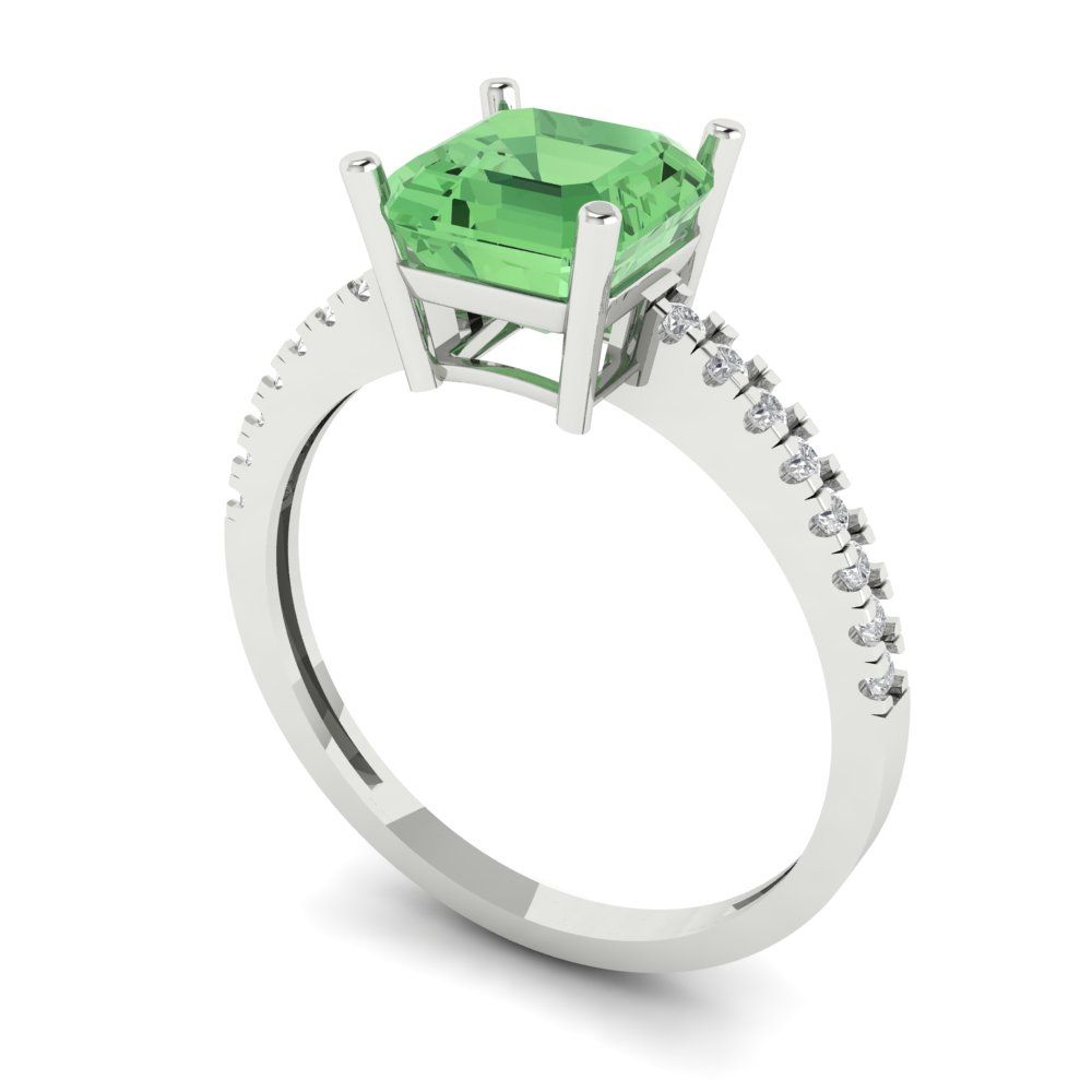 2.7 cttw Zirconia Simulated Green Diamond Solitaire with Zirconia Simulated Diamond Accents Engagement Ring - Solid White Gold (VVS1, Asscher Cut,6.5mm)